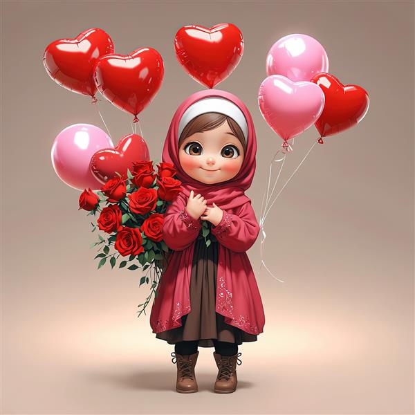 عکس سه بعدی دختر محجبه با لباس قرمز و بادکنک‌های قلب، مناسب چاپ دکوراتیو