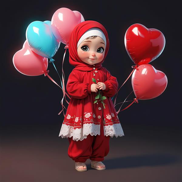 تصویر کارتونی دختر با حجاب قرمز، بادکنک‌های رنگی و یک گل رز برای چاپ کودک