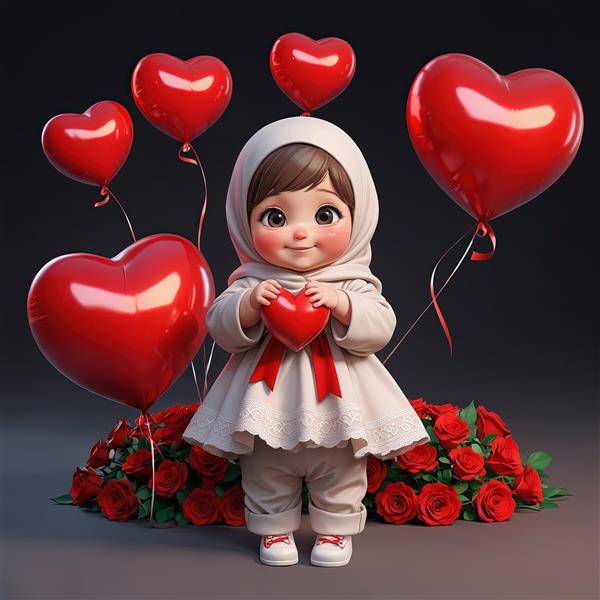 تصویر سه بعدی دخترک محجبه با قلب قرمز و طاق گل رز برای دکوراسیون ولنتاین