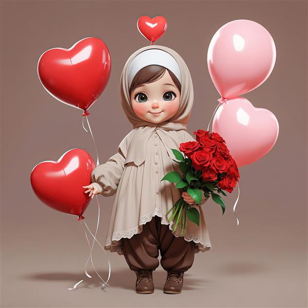 تصویر پروفایل دخترک محجبه با دسته گل رز، بادکنک قلب و کلاه ساده استودیویی