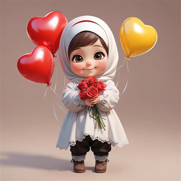تصویر کارتونی دختر با حجاب سفید، دسته گل رز و بادکنک قلب قرمز و زرد