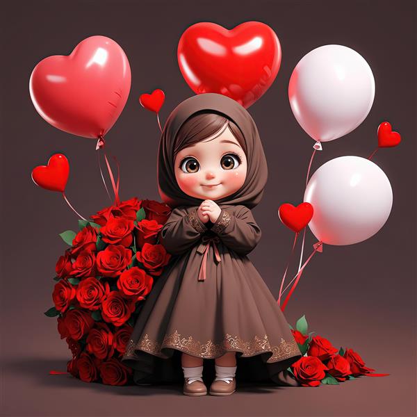 عکس سه بعدی دختر محجبه با لباس قهوه‌ای و دسته گل رز قرمز برای چاپ پوستر عاشقانه