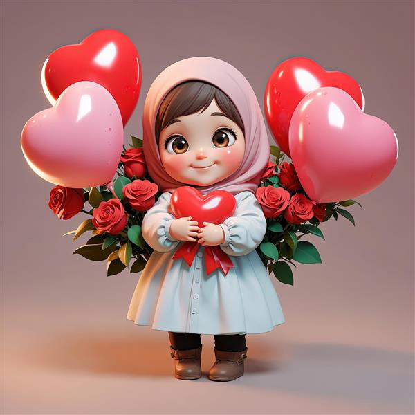 عکس سه بعدی دخترک محجبه با قلب بزرگ و رزهای قرمز برای پوستر دکوراتیو عاشقانه