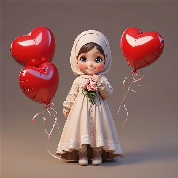 تصویر سه بعدی دختر با حجاب و دو بادکنک قلب قرمز در پس زمینه ساده استودیو