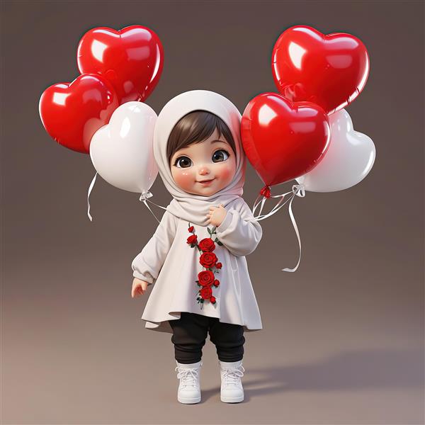 عکس کارتونی دختر محجبه با بادکنک‌های قلب قرمز و سفید برای چاپ طرح ولنتاین