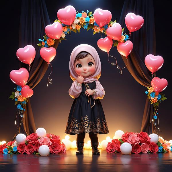 تصویر کارتونی دختر با حجاب و طاق بادکنک قلب صورتی، مناسب تم تولد دخترانه