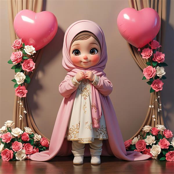 تصویر سه‌بعدی دخترک محجبه با لباس صورتی و بادکنک قلب برای طراحی تابلو کودک