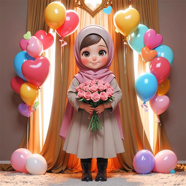 تصویر سه بعدی دختر محجبه با دسته گل رز صورتی و طاق بادکنکی رنگی برای پوستر