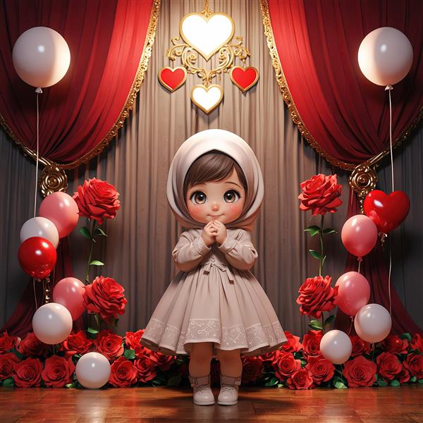 تصویر کارتونی جشن تکلیف دخترانه با بادکنک و پرده مخمل قرمز برای دکوراسیون