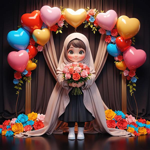 عکس کارتونی دختر با حجاب و دسته گل رز رنگارنگ برای جشن تولد و چاپ دکوراتیو