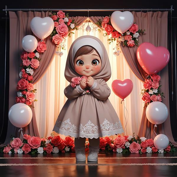 تصویر سه بعدی دخترک محجبه با آرک بادکنکی و گل رز صورتی برای چاپ تابلو دکوراتیو
