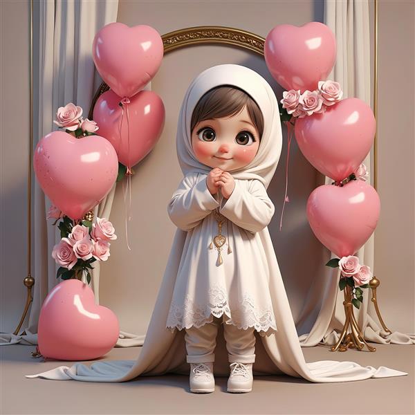 تصویر پروفایل کارتونی دختر محجبه با بادکنک قلب صورتی و گل رز سفید (مناسب تم تولد)