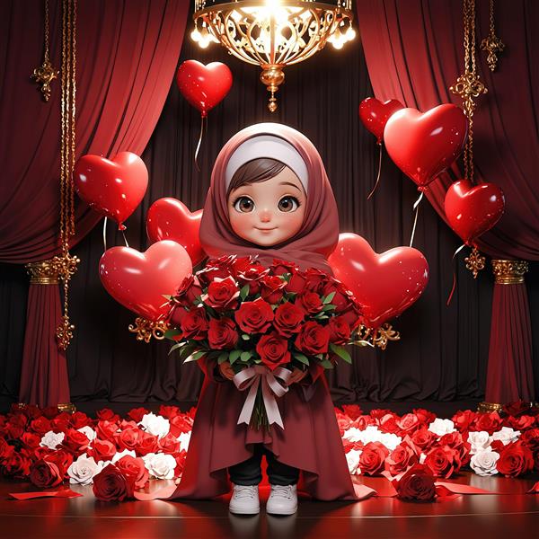 پوستر دکوراسیون مجلل، دختر محجبه با دسته گل رز قرمز در فضای کلاسیک