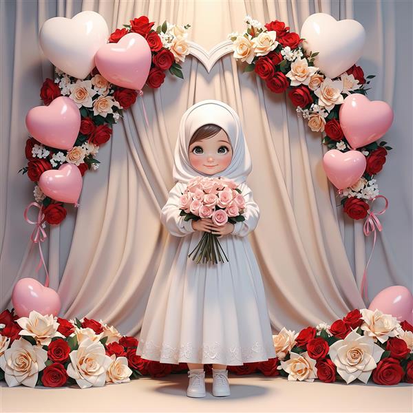 تصویر عروسکی مناسب چاپ، دختر محجبه با دسته گل صورتی و طاق قلبی گل رز