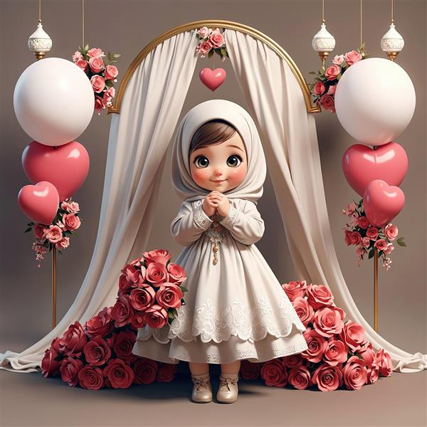 طرح چاپ جشن عروسی/عقد، دختر محجبه با لباس سفید و طاق حریر و بالون