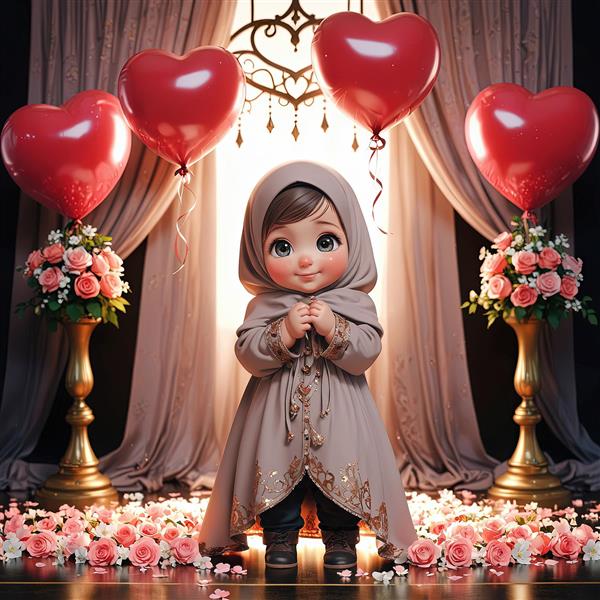 تابلو دکوراتیو لوکس، دختر محجبه در دکوراسیون نورپردازی شده با بالون قلب قرمز