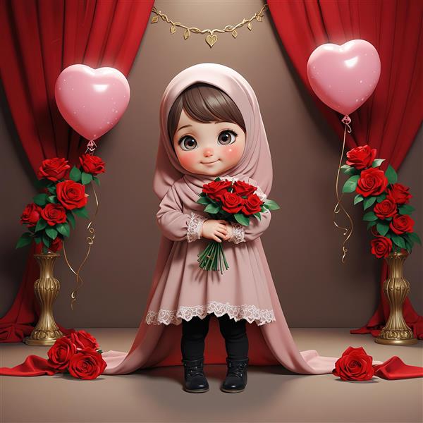 پوستر تولد دختر محجبه با لباس صورتی و دسته گل رز قرمز