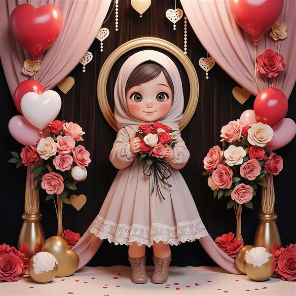 تصویر رمانتیک، دختر محجبه در دکور مجلل با گلدان‌های طلایی و بالون قرمز