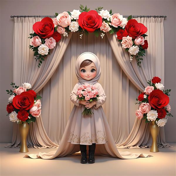 طرح دکوراتیو دختر محجبه با دسته گل صورتی، طاق گل بزرگ رز قرمز و بژ