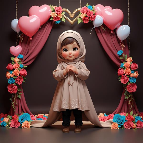 پوستر جشن تکلیف، دختر مسلمان در طاق پرده و دکور بالون‌های رنگی و گل