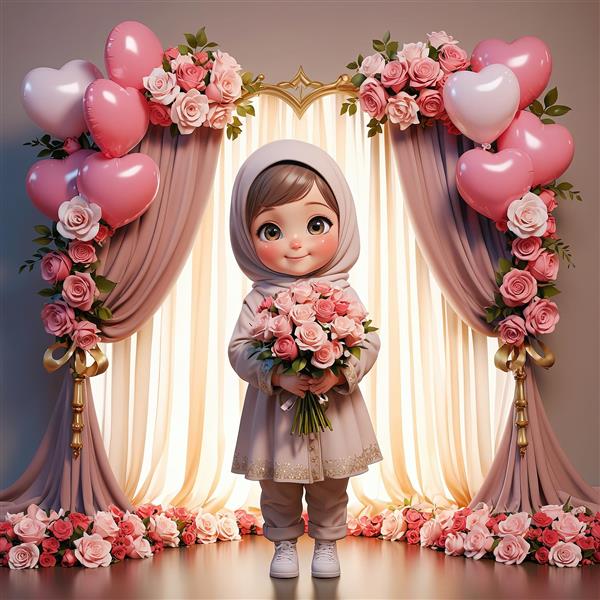 تصویر مناسب چاپ، دختر محجبه با لباس بژ و دسته گل صورتی، دکور پرده صورتی