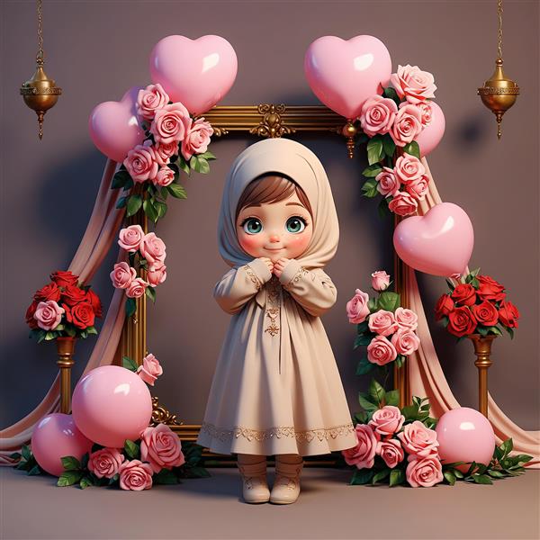 تابلو دکوراتیو با تم عاشقانه، دختر محجبه با دکوراسیون طلایی و بالون قلبی