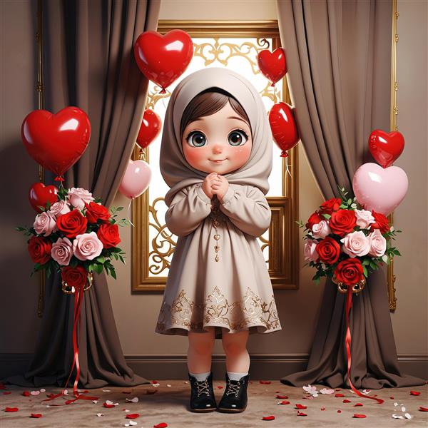 طرح چاپ لوکس، دختر محجبه با لباس بژ و دکوراسیون گلدانی رز و قلب