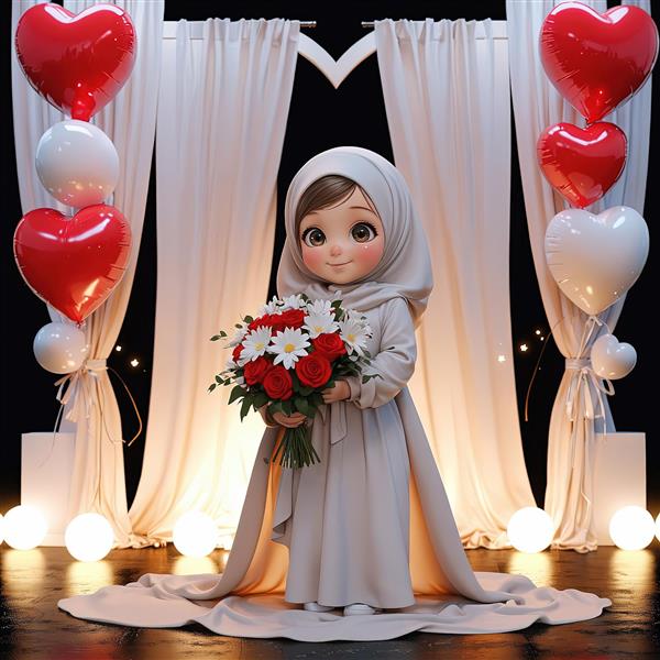 پوستر باکیفیت جشن، دختر محجبه با لباس بژ و دسته گل سرخ در دکوراسیون سفید