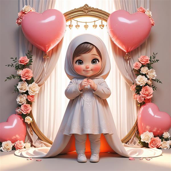 تابلو دکوراتیو جشن عقد/عروسی، دختر محجبه با لباس سفید در طاق طلایی