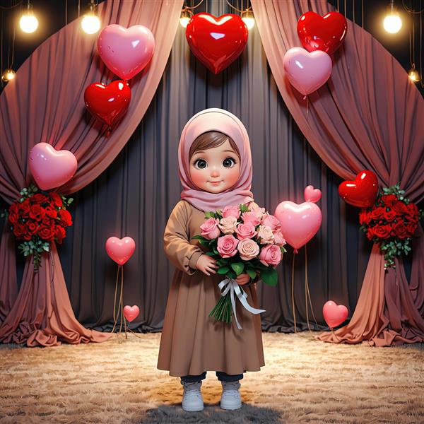 تصویر باکیفیت مناسب چاپ، دختر محجبه با دسته گل در دکوراسیون قرمز و قهوه‌ای