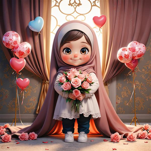 طرح تابلو دکوراتیو، دختر محجبه با لباس سفید و حجاب صورتی در قاب پنجره