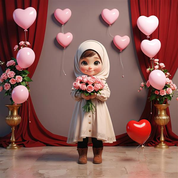 پوستر تولد/جشن تکلیف، دختر محجبه با لباس بژ و دسته گل رز صورتی