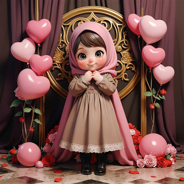 تصویر لوکس جشن تولد/عقد، دختر محجبه با حجاب صورتی و قاب آینه طلایی