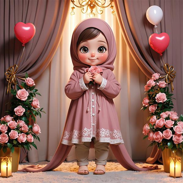 طرح چاپ رمانتیک، دختر محجبه با لباس صورتی در دکور گل رز و شمع