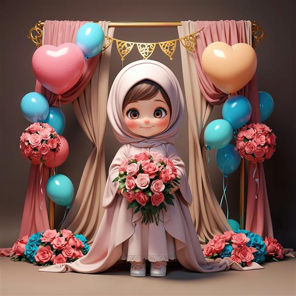 پوستر جشن تکلیف، دختر مسلمان با دسته گل و دکوراسیون رمانتیک صورتی و آبی