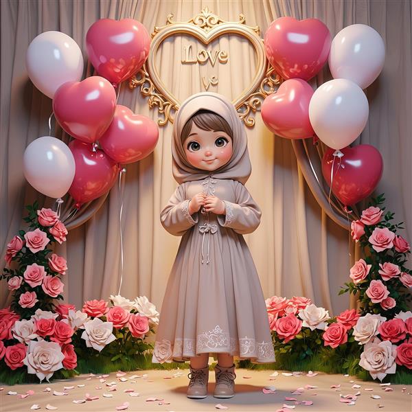 تابلو دکوراتیو عاشقانه، دختر محجبه در طاق بالون‌های قلبی صورتی و سفید