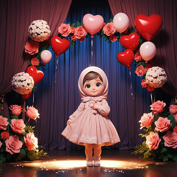 طرح چاپ دکوراتیو، دختر محجبه با لباس صورتی در طاق گل و بادکنک‌های رمانتیک