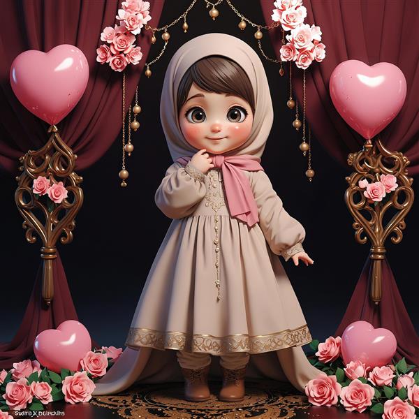 تابلو جشن تولد/عقد، دختر محجبه با لباس شیک و بالون‌های قلبی و تزیینات طلایی