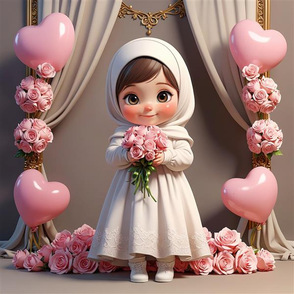 تصویر عروسکی مناسب چاپ، دختر محجبه با لباس سفید و دکوراسیون رز و قلب صورتی