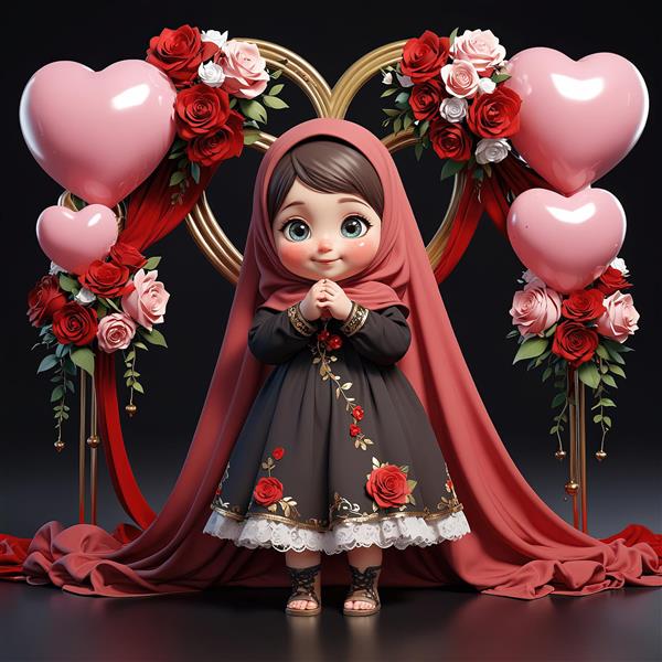 طرح دکوراسیون لوکس، دختر محجبه با لباس مشکی و گلدوزی رز قرمز و صورتی