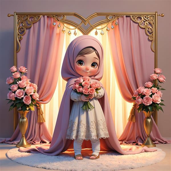 پوستر عقد/تولد، دختر محجبه با لباس و حجاب صورتی و دسته گل رز رمانتیک