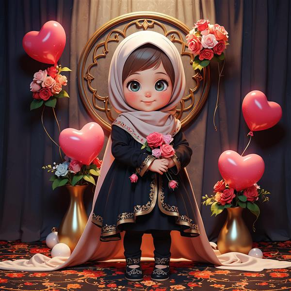 تابلو دکوراتیو جشن تکلیف، دختر محجبه با لباس مشکی و گلدان‌های طلایی