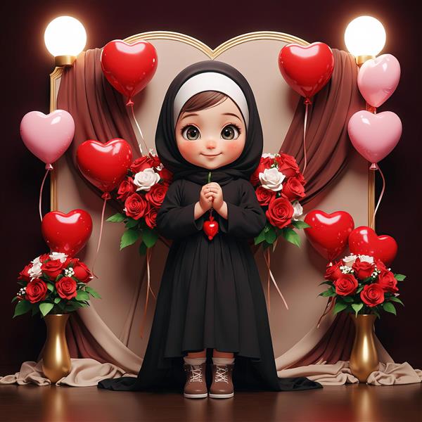 طرح چاپ مذهبی/ولنتاین، دختر محجبه با چادر مشکی در دکوراسیون قرمز و صورتی