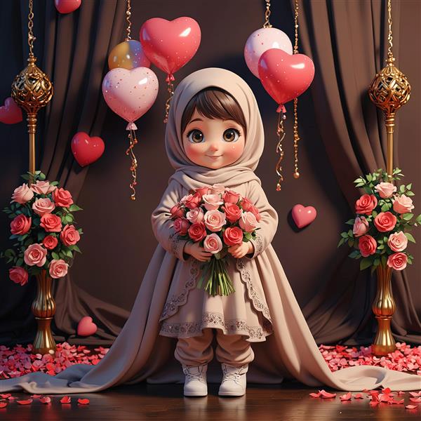 تصویر استودیویی جشن عقد/تکلیف، دختر عروسکی با حجاب بلند و دسته گل رز