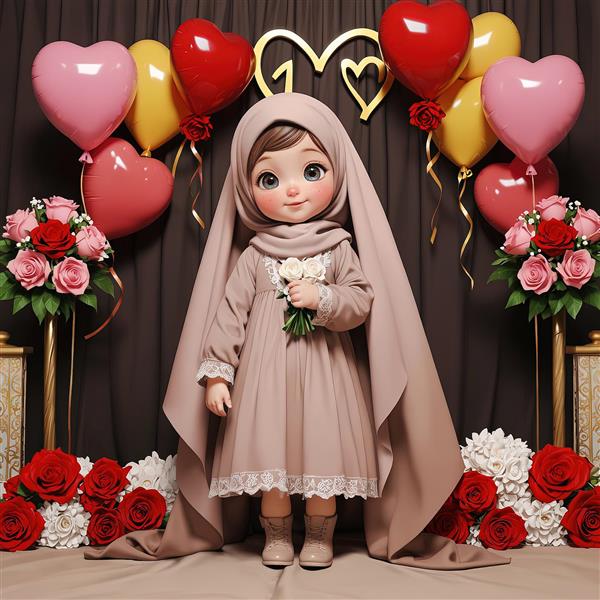 طرح دکوراتیو دختر محجبه با لباس بلند و حجاب، دکوراسیون رز قرمز و قلب