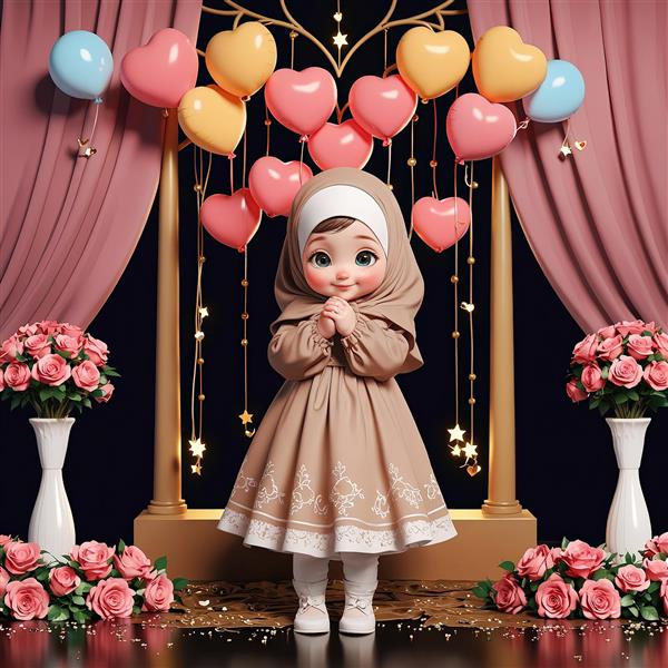 پوستر تولد، دختر محجبه با لباس بژ و بادکنک قلبی رنگی