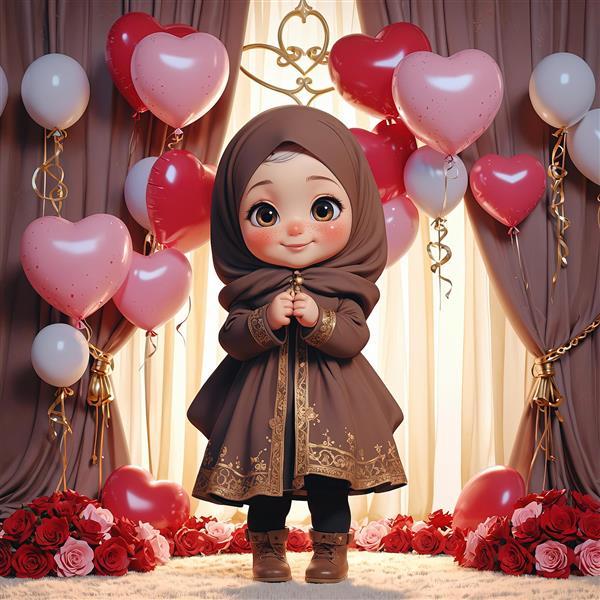 پوستر دختر محجبه با لباس شیک قهوه‌ای و بادکنک‌های قلبی قرمز و صورتی