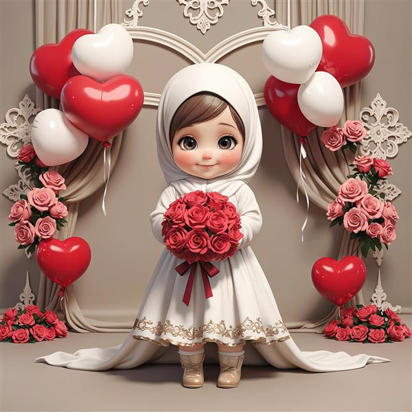 طرح چاپ عروسکی عقد/جشن تکلیف، دختر محجبه با لباس بلند و دسته گل رز قرمز