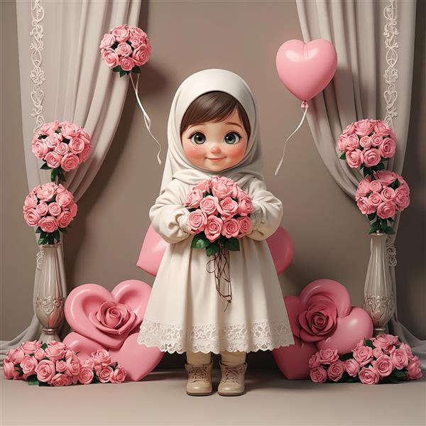 تصویر رمانتیک دختر محجبه با لباس سفید، دسته گل رز و پس‌زمینه قلب