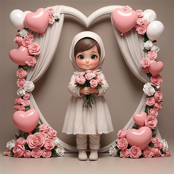 تابلو دکوراتیو جشن عقد/تکلیف، دختر محجبه با لباس سفید و دسته گل رز صورتی